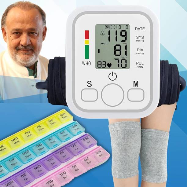 Aika & KNECAP-101 Knee Cap for Joint Support | MDB-101 7-Day Medicine Organizer Health Essentials Combo Pack: AK-555 Digital BP Monitor with Voice Guidance Bp Monitor