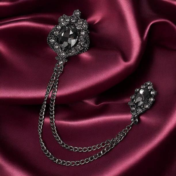mahi Black Gun Metal Men's Glittery Black Crystal Double Chain Brooch Brooch