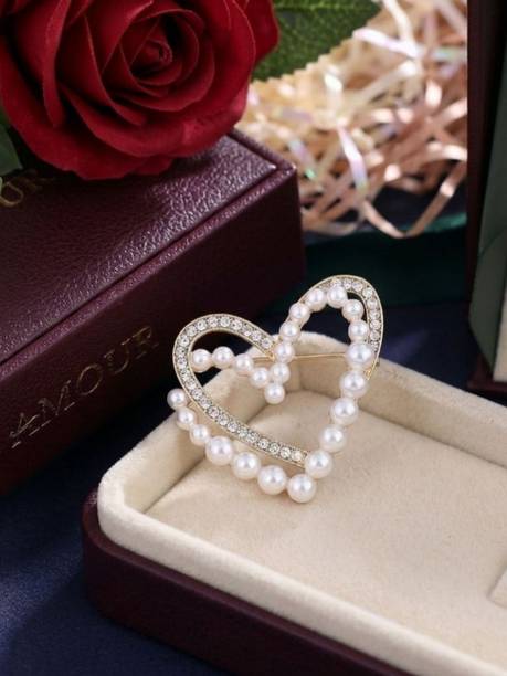 Ramkuwar Pearl Heart Brooch Overlapping Lapel Pin for Women & Mens (Gold) Brooch