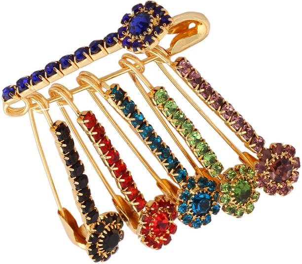 Vama Fashions Unique New Design Crystal Stone Studded Golden Safety Saree pin for women Sari Brooch