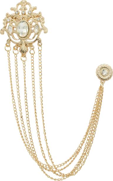 Adorn Golden Long Chain White Rhinestone Suit Coat Brooch For Men Brooch