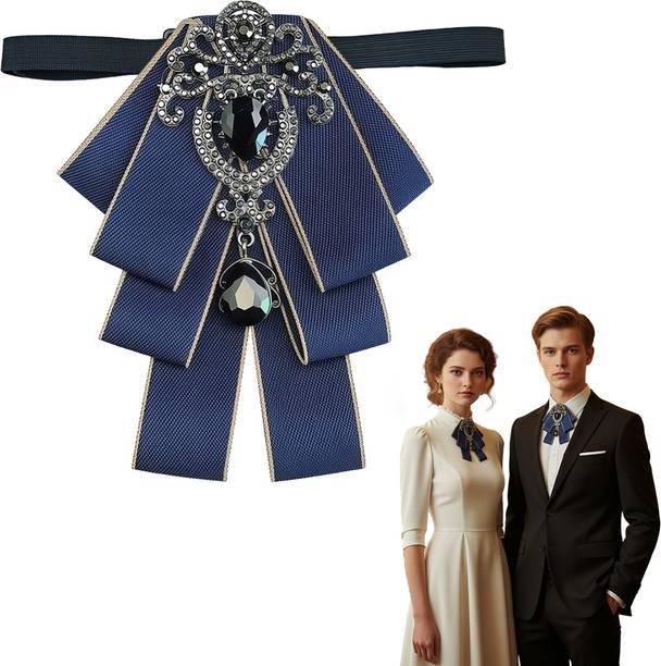 ELEPHANTBOAT Vintage Ribbon Bow Brooch Navy Blue Gold Trim Fabric Pin with Gemstones Brooch