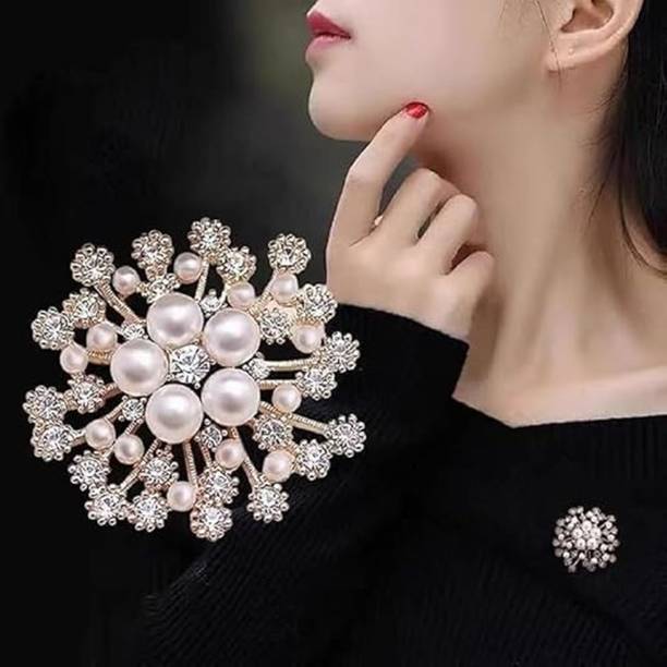 pravia Elegant Pearl & Crystal Flower Brooch Pin for Women Brooch (Multicolor) Brooch