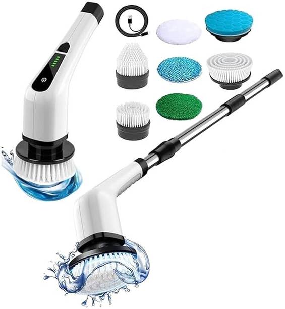 LUFJIKA 9-in-1 Spin Scrubber with 7 Brush Heads Rechargeable High Powered Cleaning Tool Microfibre, Sponge, Plastic Wet and Dry Brush