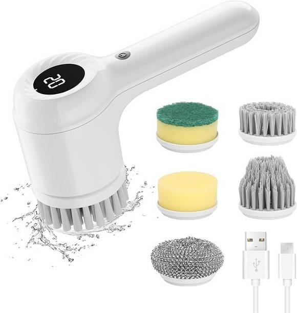 LUFJIKA Cleaning Brush Multifunctional Electric Scrubber with 5 Brush Heads Microfibre, Sponge, Plastic Wet and Dry Brush