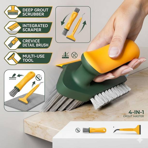 Glitzn 4 in 1 Cleaning Brush for Bathroom Tiles Kitchen Floor Scrubber Tool Plastic Wet and Dry Brush