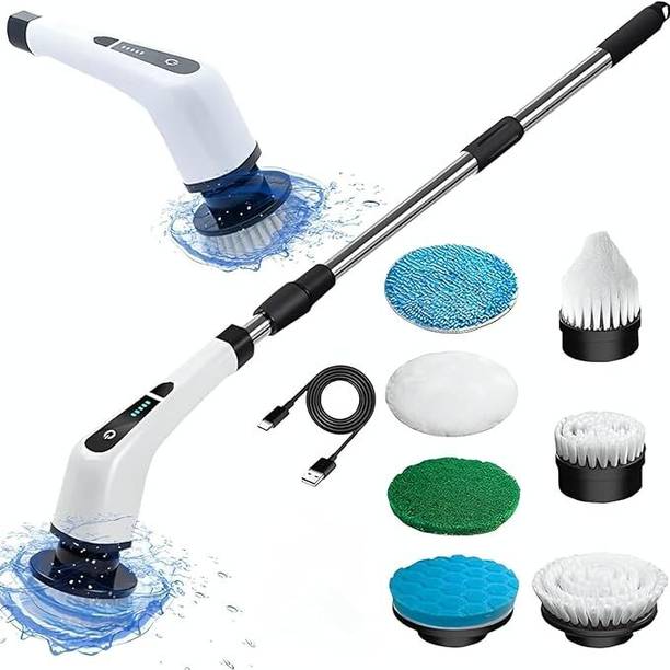 LUFJIKA Cordless Spin Scrubber Brush with 7 Head Attachment for Floors Bathroom, Kitchen Microfibre, Sponge, Plastic Wet and Dry Brush