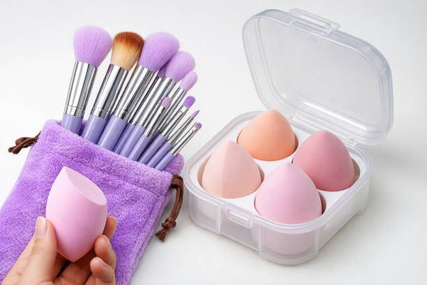 FIRST BEAUTY 13 Pcs Professional Makeup Brush Set with 4 Beauty Blender Puff & Pouch