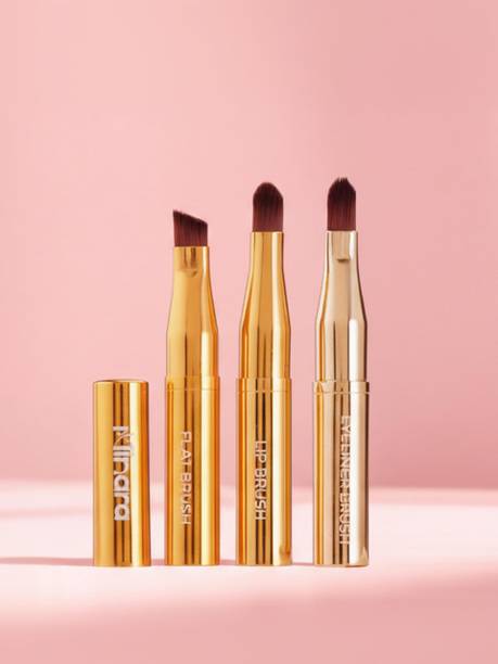 MINARA 3 in 1 Stackable Makeup Brush Set-Eyeliner, Lip & Flat Brush (Gold)