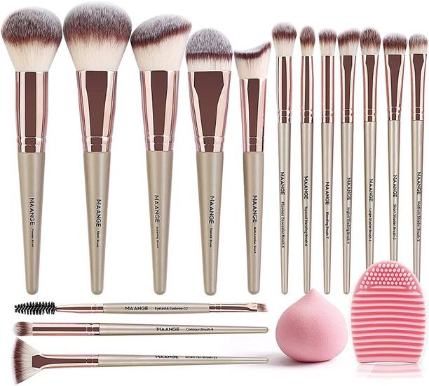 Maange Makeup Brushes 15 Pcs With 1 Makeup Sponge & 1 Brush Cleaner (Champagne)