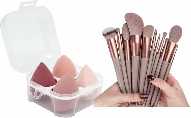 FIRST BEAUTY 13 Pcs Nude Makeup Brush Set with 4 Beauty Blender Sponges & Storage Box