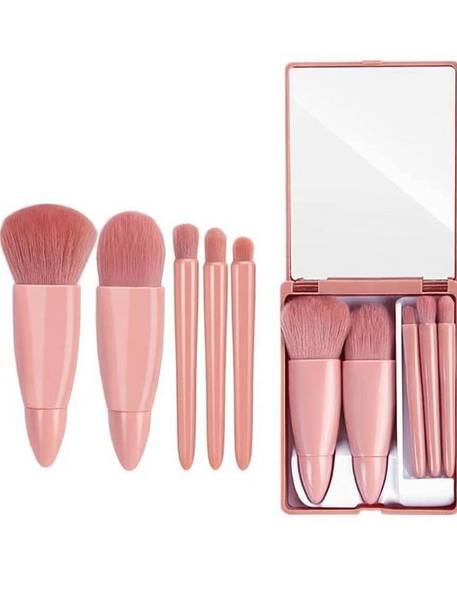 crownsmill Travel Makeup Brush Set 5pcs Mini Cosmetic Brushes with Mirror and Case