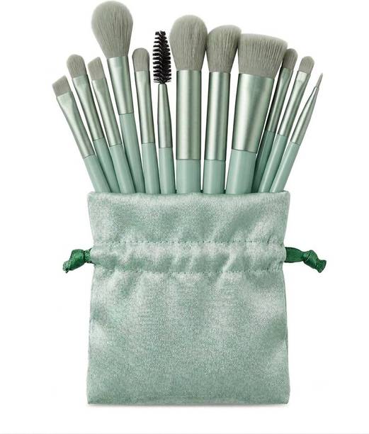 DotAura Beauty Trendy Professional 13pcs of Makeup Brush with 2 pink Sponges & Green Pouch