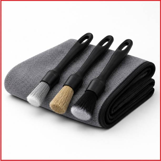 REVATAKG Premium Car Detailing Brush & Microfiber Cleaning Cloth Kit (4-in-1)