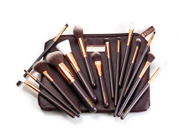 MINARA Makeup Brush Applicator Set of 15 with Premium Leather Pouch