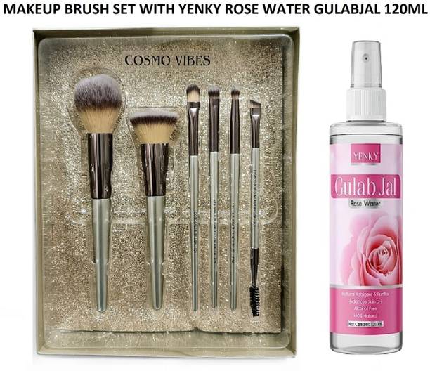 COSMO VIBES Premium Makeup Brush For Face Eyes Brows With Yenky Rosewater Gulabjal 120ML