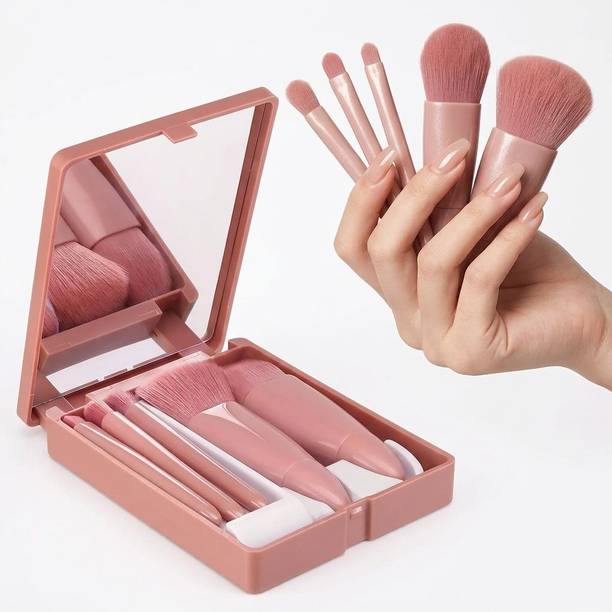 Tabbymart Mini Makeup Brush Set with Mirror, Portable Travel Beauty Kit Pink