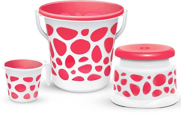 MILTON Plastic Duplex Spa 3 Piece Set, Red | 25 Litres Bucket With Mug & Stool 25 L Plastic Bucket