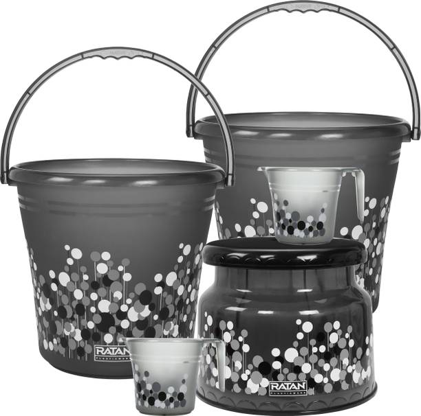 RATAN Frosty Bubble Print Grey Pack of 5 Bathroom Set (Bucket, Mug, Stool) 16 L Plastic Bucket