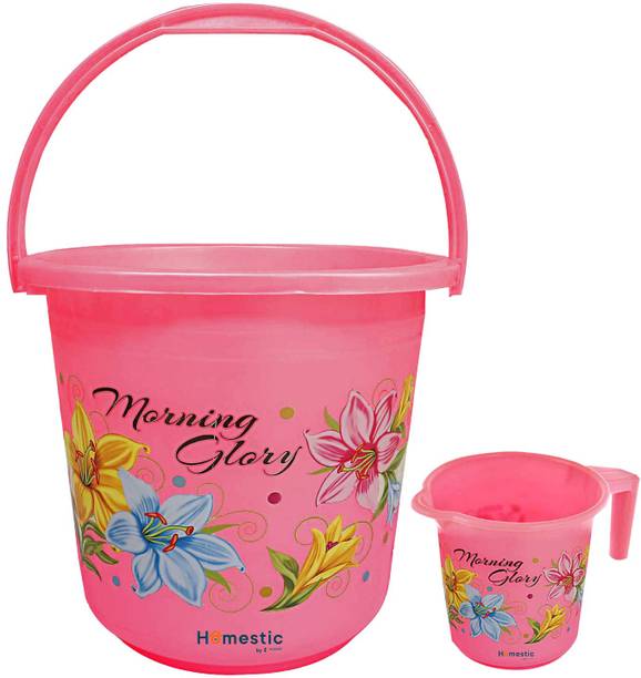 HOMESTIC 2 Pieces Virgin Plastic Bathroom Bucket With Mug Set- Pink 16 L Plastic Bucket