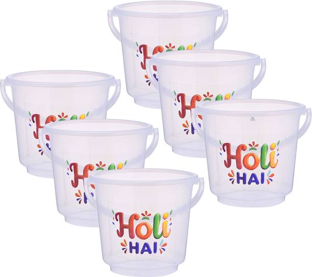 Heart Home 6 Pcs Pichkari Water Bucket for Holi | 13 Ltr Holi Hai Printed | Transparent 13 L Plastic Bucket