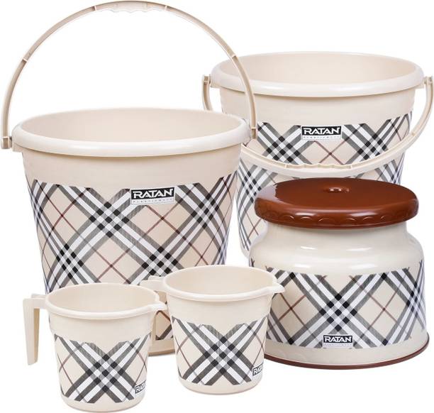 RATAN Frosty Checks Print Beige Pack of 5 Bathroom Set (Bucket x 2,Mug x 2, Stool x 1) 16 L Plastic Bucket