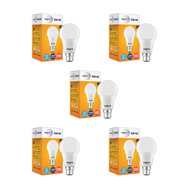 Wipro 10 W Basic Standard B22 LED Bulb White, Pack of 5