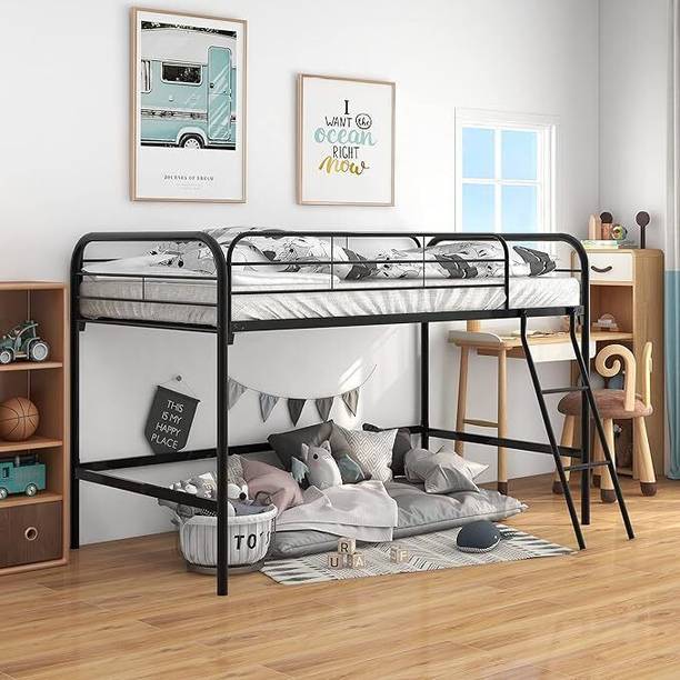 KTG Handicraft Loft Bed Metal Loft Bed Twin Size with Safety Guardrail Removable Ladder Metal Loft Bed