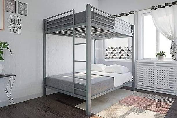 KTG Handicraft Full Over Full Bunk Bed, Metal Frame with Ladder (Silver) Metal Bunk Bed