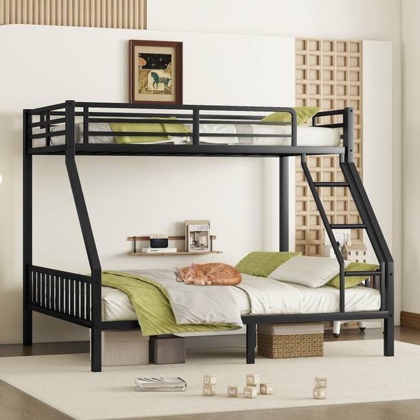 ADORN MART Twin Over Queen Heavy Duty Bunk Beds with Ladder and Guardrail Metal Bunk Bed Metal Bunk Bed
