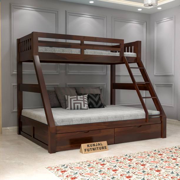 Kunjal Furniture Solid Sheesham Wood Bunk Bed With Two Drawers Storage & Ladder For Kids Room | Solid Wood Bunk Bed
