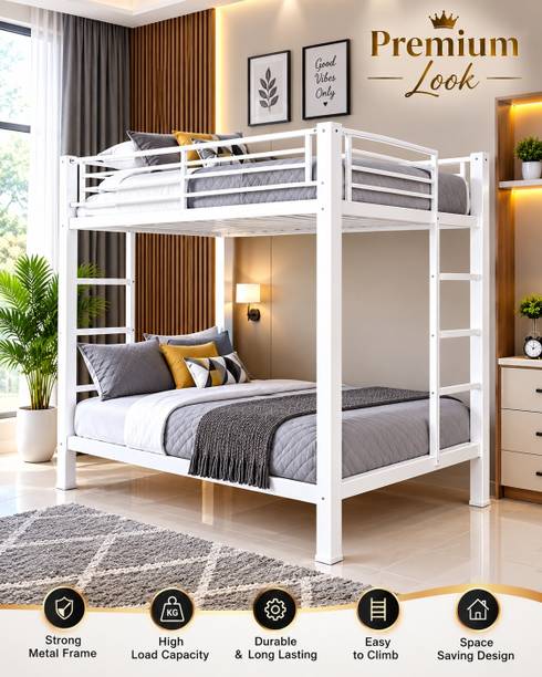 DIAMOND STEELS Modern Twin Over Twin Metal Bunk Bed with Safety Rails & Ladder | White Metal Bunk Bed