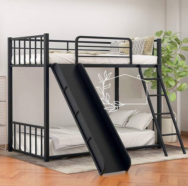 ADORN MART Twin Over Twin Metal Bunk Bed with Ladder and Slide, Heavy Duty Bed Frame Metal Bunk Bed