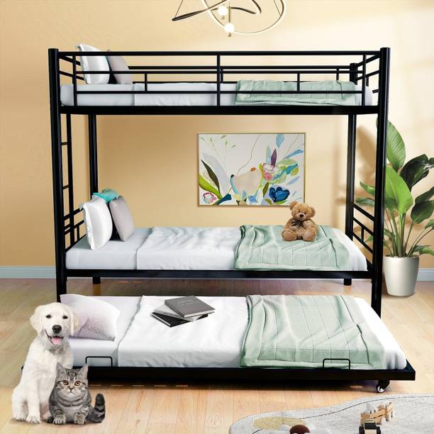 ADORN MART Metal Bunk Bed with Trundle Twin Over Bunk Bed Heavy Duty Metal Bunk Bed
