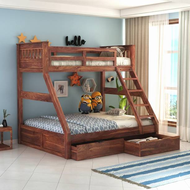 mp enterprises Solid Sheesham Wood Kids Bunk Bed With Ladder & Guardrails For Kids Room | Solid Wood Bunk Bed