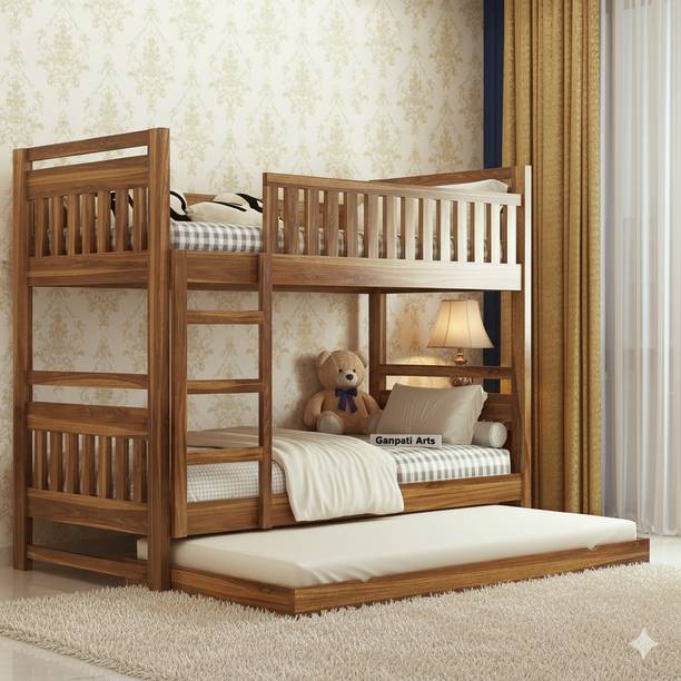Ganpati Arts Solid Sheesham Wood Swift Bunk Bed with Trundle Wooden Bunk Bed for Kids Solid Wood Bunk Bed