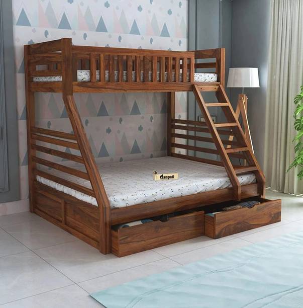 Ganpati Arts Wooden Italian Bunk Bed/Wooden Twin Over Bed with Ladder With 2 Drawer Storage Solid Wood Bunk Bed