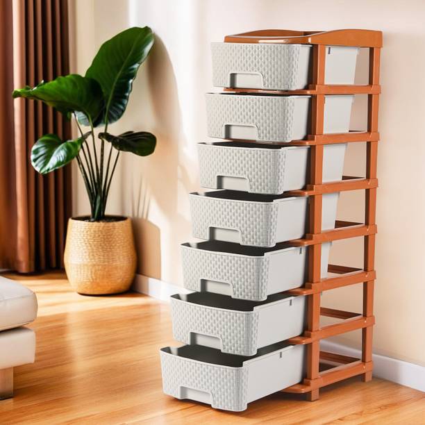 KUBER INDUSTRIES 7-Layer Multi-Purpose Plastic Drawer Storage Organiser | White & Golden Plastic Free Standing Chest of Drawers