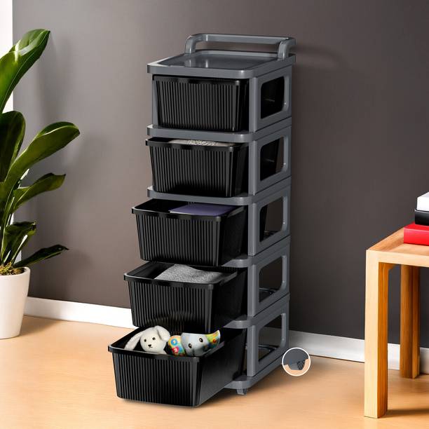 HOMESTIC 5 Layer Plastic Modular Storage Drawer Organizer with Wheels | Grey & Black Plastic Free Standing Chest of Drawers