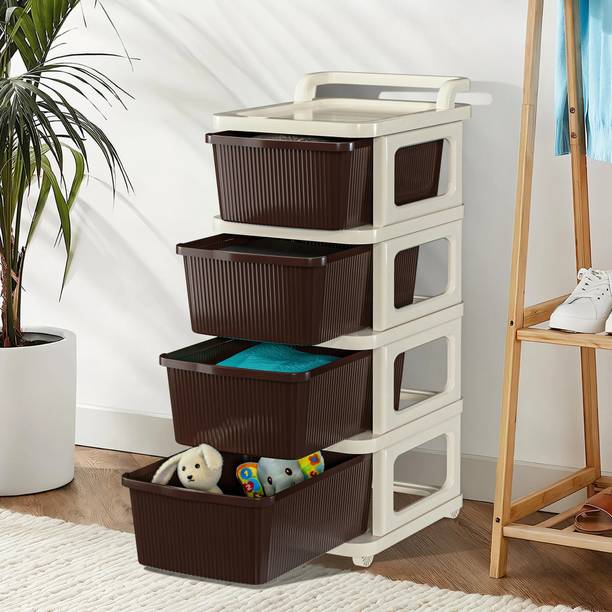 KUBER INDUSTRIES 4 Layer Plastic Modular Storage Drawer Organizer with Wheels | Ivory & Brown Plastic Free Standing Chest of Drawers