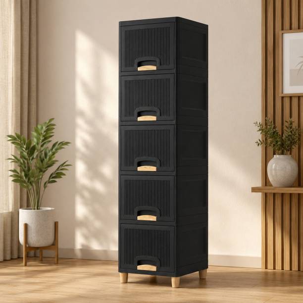 MAXTID Modern Tall Kitchen Organizer with Multiple Drawers and Storage Space Plastic Crockery Cabinet