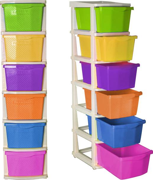 PARASNATH Boxo 6 Layer (Multicolour) Multi-Purpose Modular Drawer Storage System for Home and Office with Trolley Wheels and Anti-Slip Shoes Plastic Free Standing Cabinet