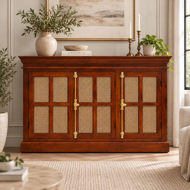 THE ATTIC The Attic Oregon 3 Door Sideboard with Cane ,Honey Matte Finish Solid Wood Free Standing Sideboard