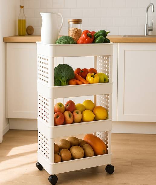 MAXTID 4 Layer Tier White Rectangle Fruit & Vegetable Basket Plastic Kitchen Trolley Plastic Free Standing Cabinet