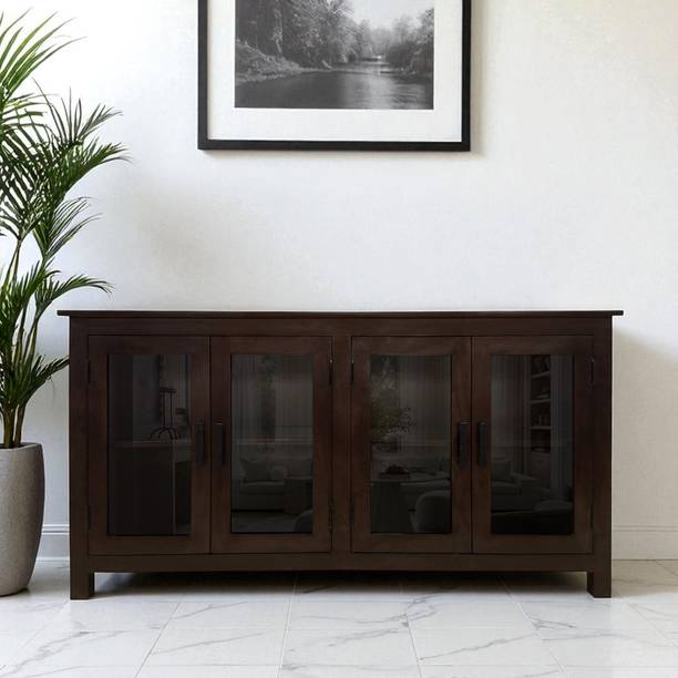 THE ATTIC The Attic California Sideboard|Glass Cabinet|Walnut Matte Finish Solid Wood Free Standing Sideboard