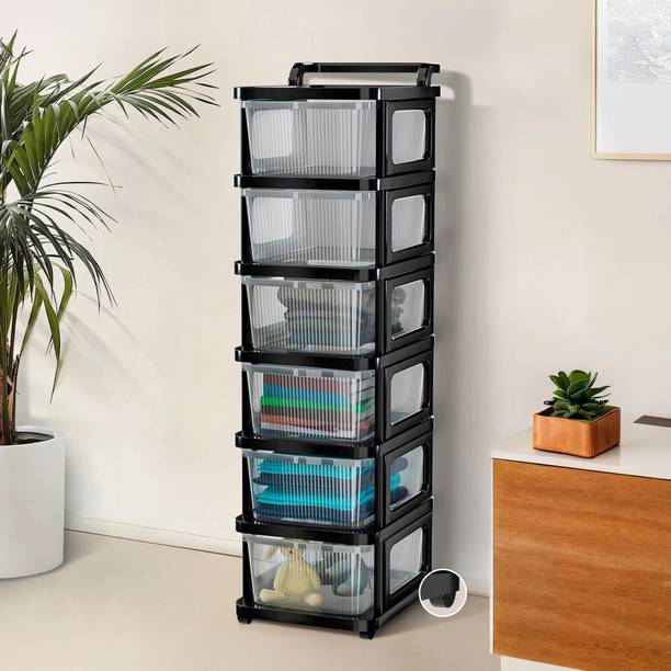 HOMESTIC 6 Layer Plastic Modular Storage Drawer Organizer with Wheels | Transparent Black Plastic Free Standing Chest of Drawers