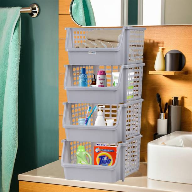 HOMESTIC 4 Tier Plastic Bathroom Organiser Rack for Storage | Light Grey Plastic Free Standing Chest of Drawers