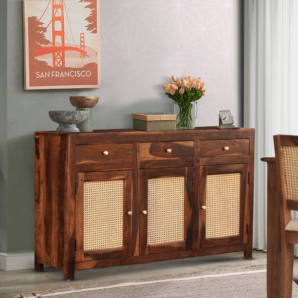 RAJWADA FURNISH Rattan Solid Sheesham Wood Cane Sideboard Cabinet for Living Room Solid Wood Free Standing Sideboard