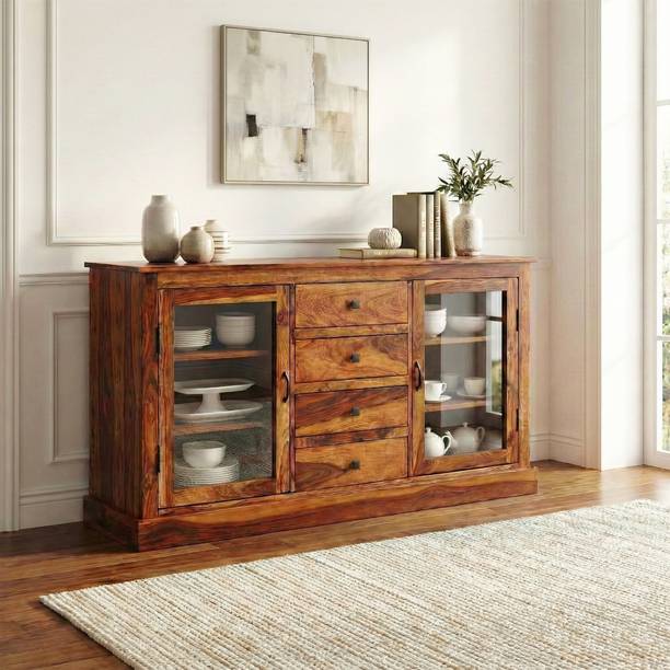 SONA ART & CRAFTS Nexa Glass Sheesham Wood Sideboard Cabinet with 4 Drawer & 2 Door for Home Solid Wood Free Standing Cabinet