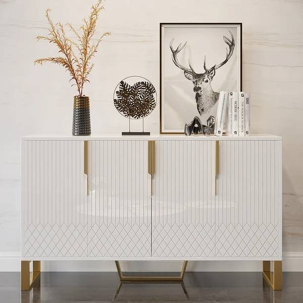 KDINTERIORS Aro Modern White Wood Sideboard Cabinet 4 Doors for Kitchen Storage Engineered Wood Free Standing Sideboard